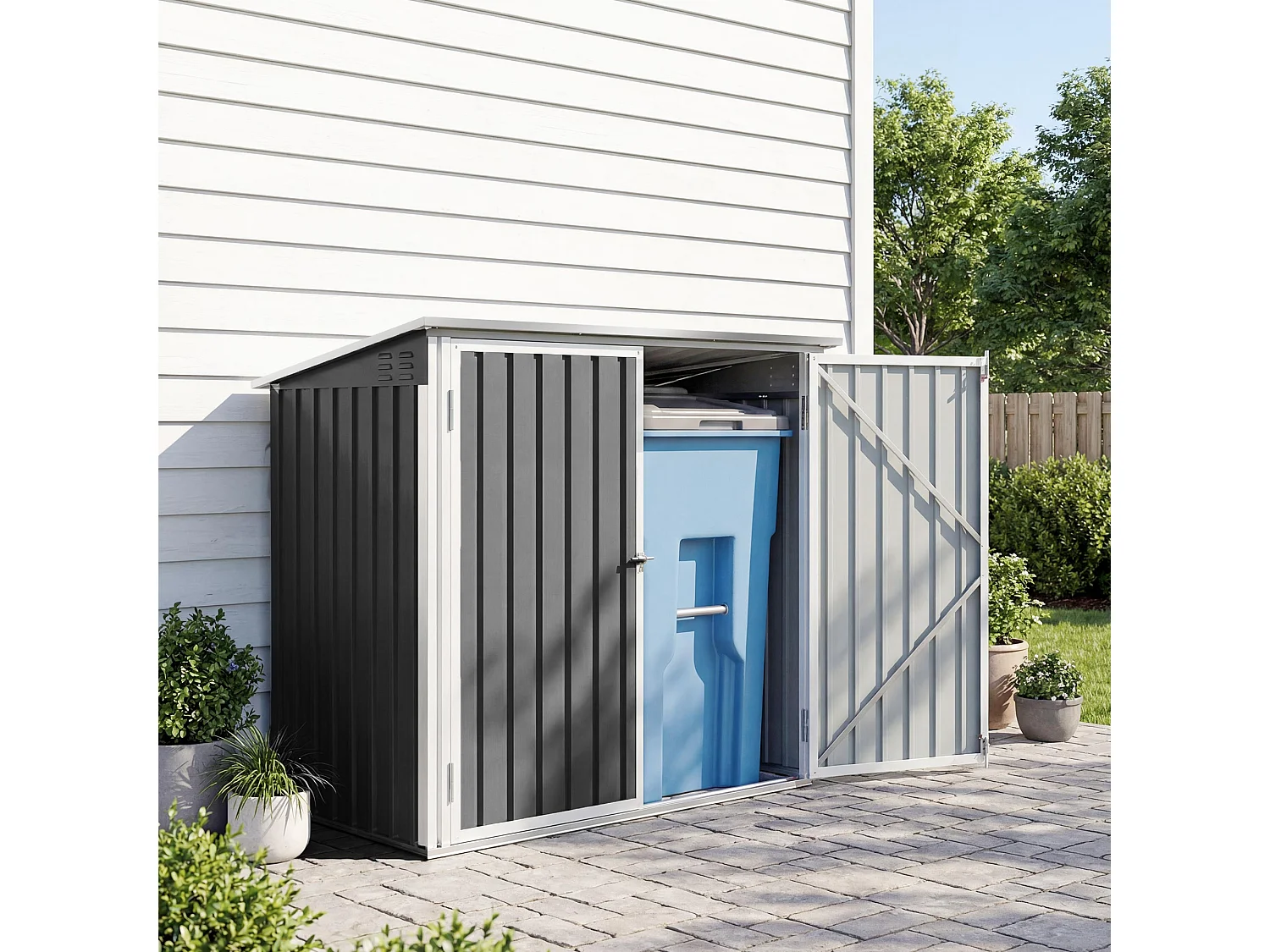 Abri de poubelle jardin - cache poubelle - 2 portes verrouillables, toit ouvrant - tôle d'acier blanc gris
