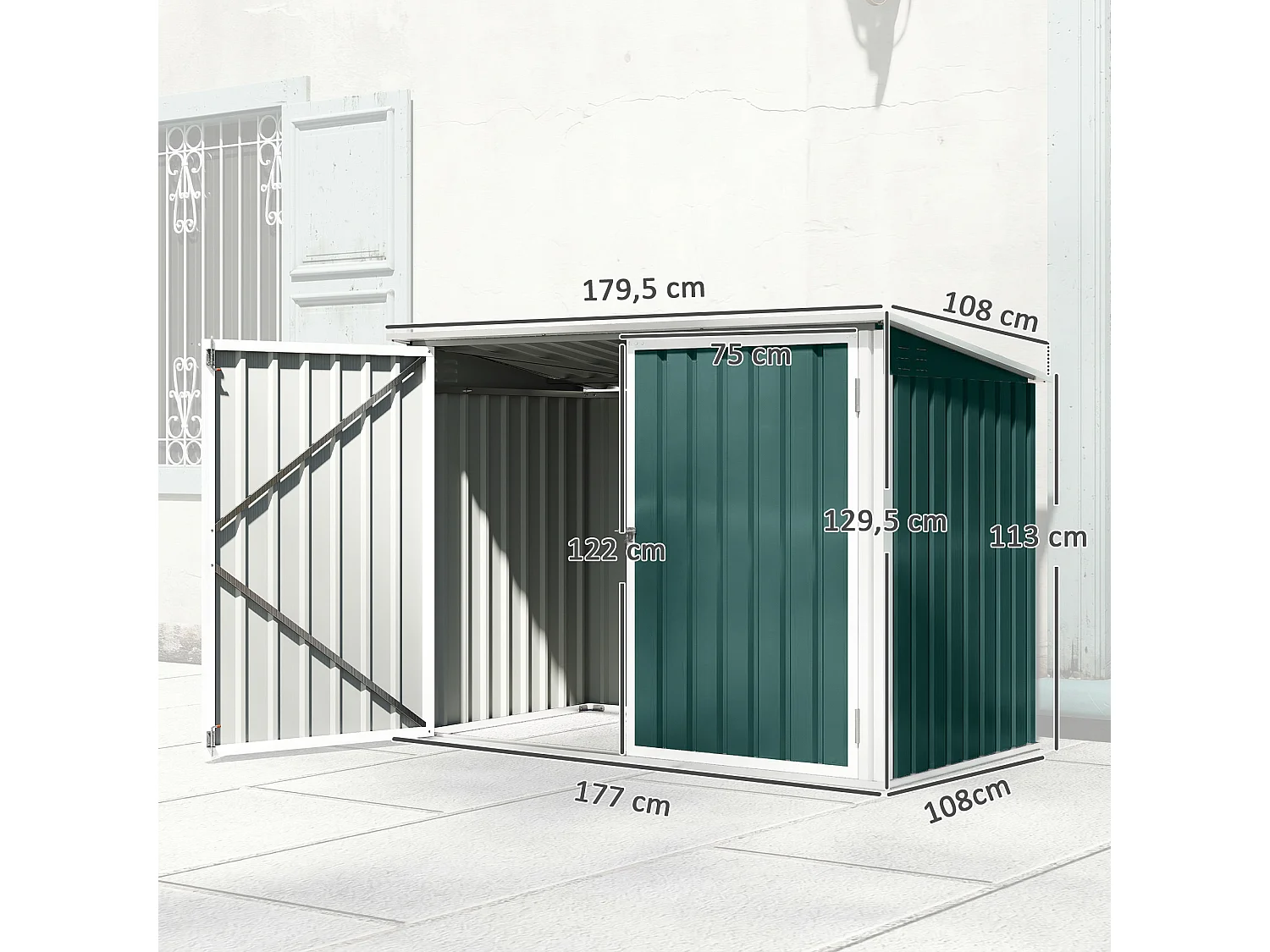 Abri de poubelle jardin - cache poubelle - 2 portes verrouillables, toit ouvrant - tôle d'acier blanc vert