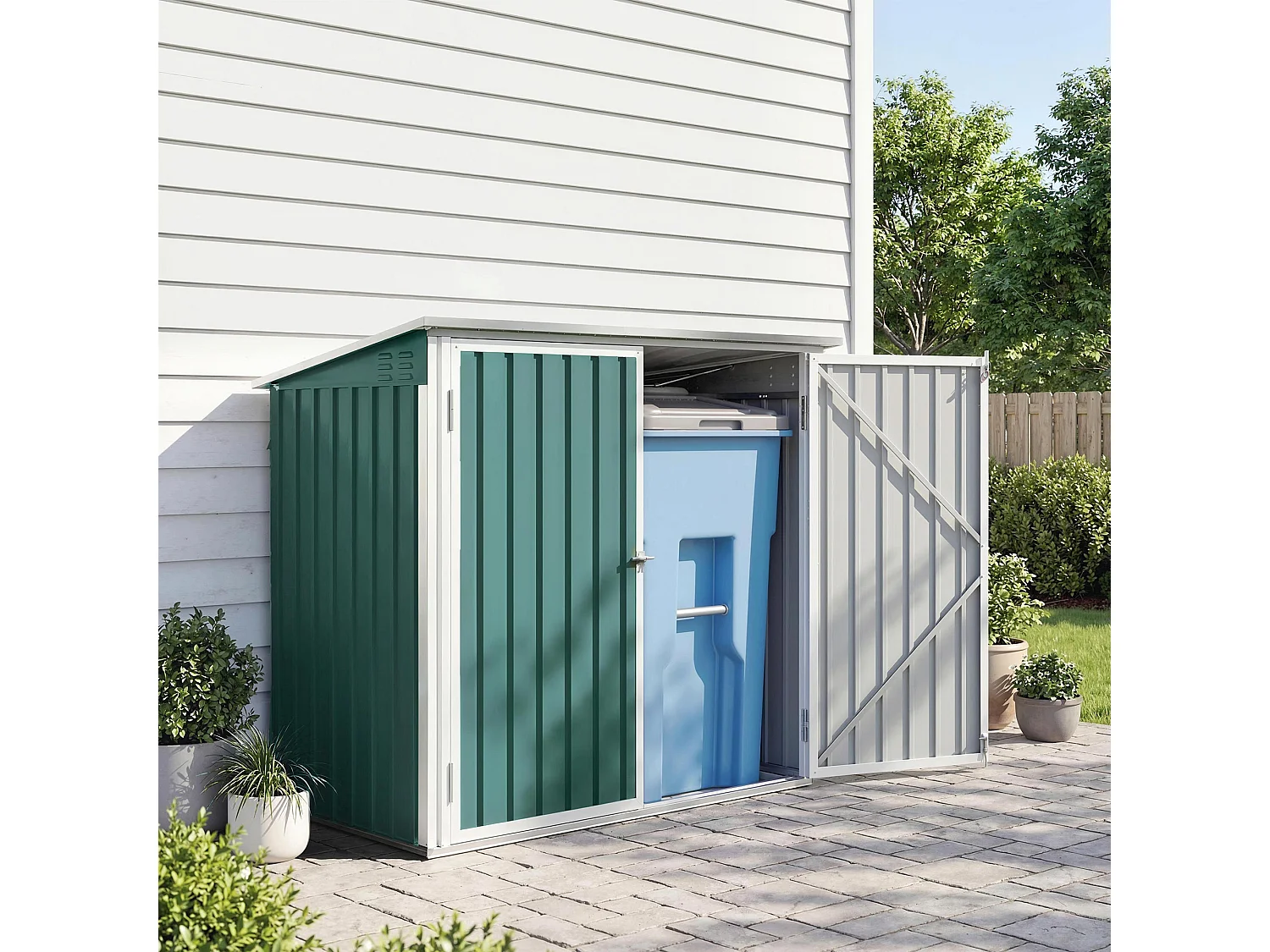 Abri de poubelle jardin - cache poubelle - 2 portes verrouillables, toit ouvrant - tôle d'acier blanc vert