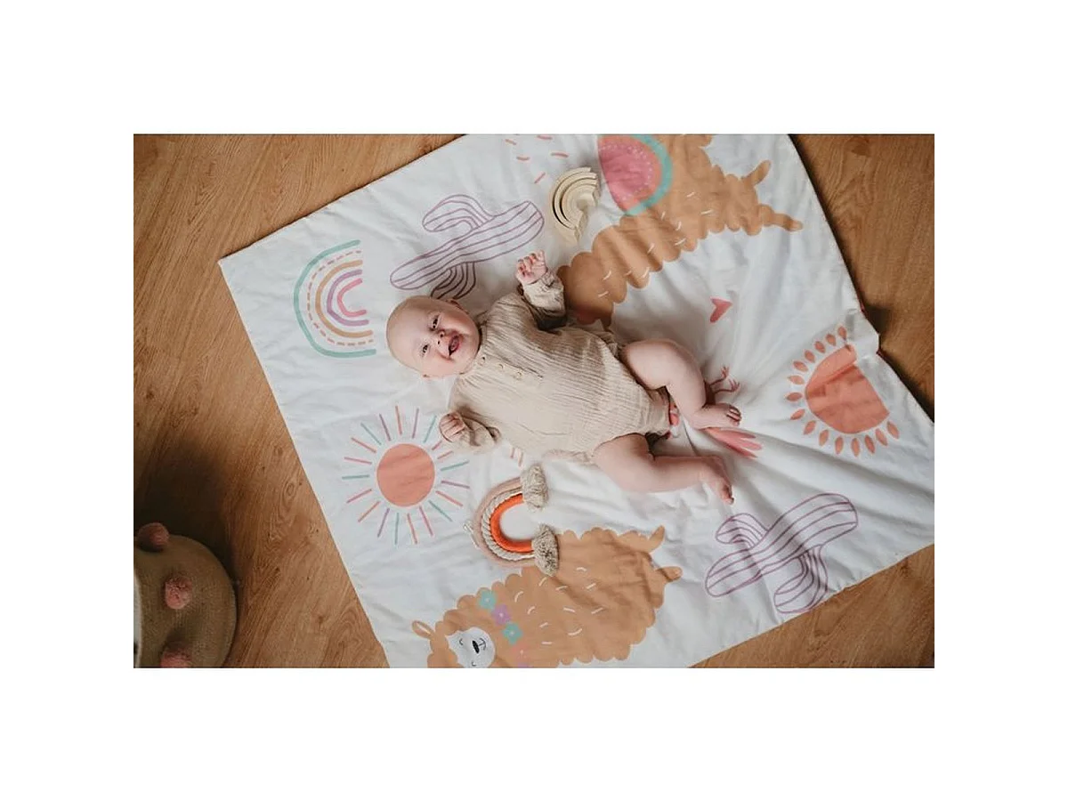 TINEO Nomad Speelmat 100x100 cm - Alpaca Design, Katoenen Jersey, Omkeerbaar, Draagbaar met Handvat