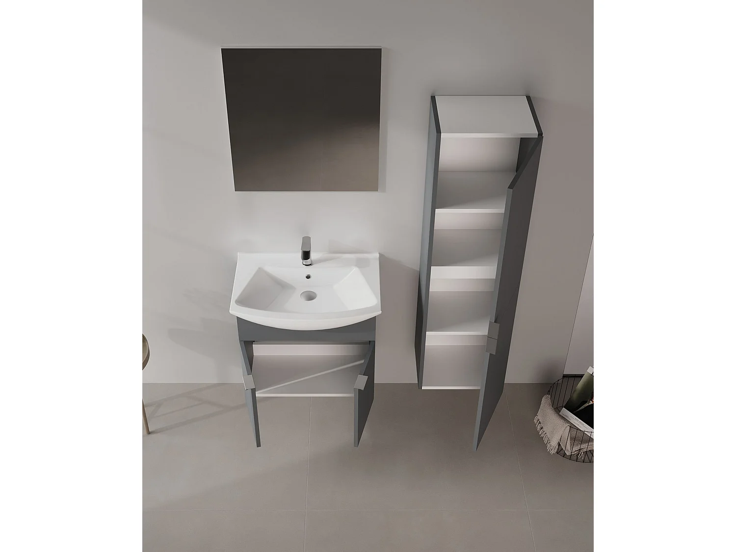 Wastafelmeubel met spiegel (2-delig) "Purus 65" - 65 x 50 x 58 cm - Mat antraciet