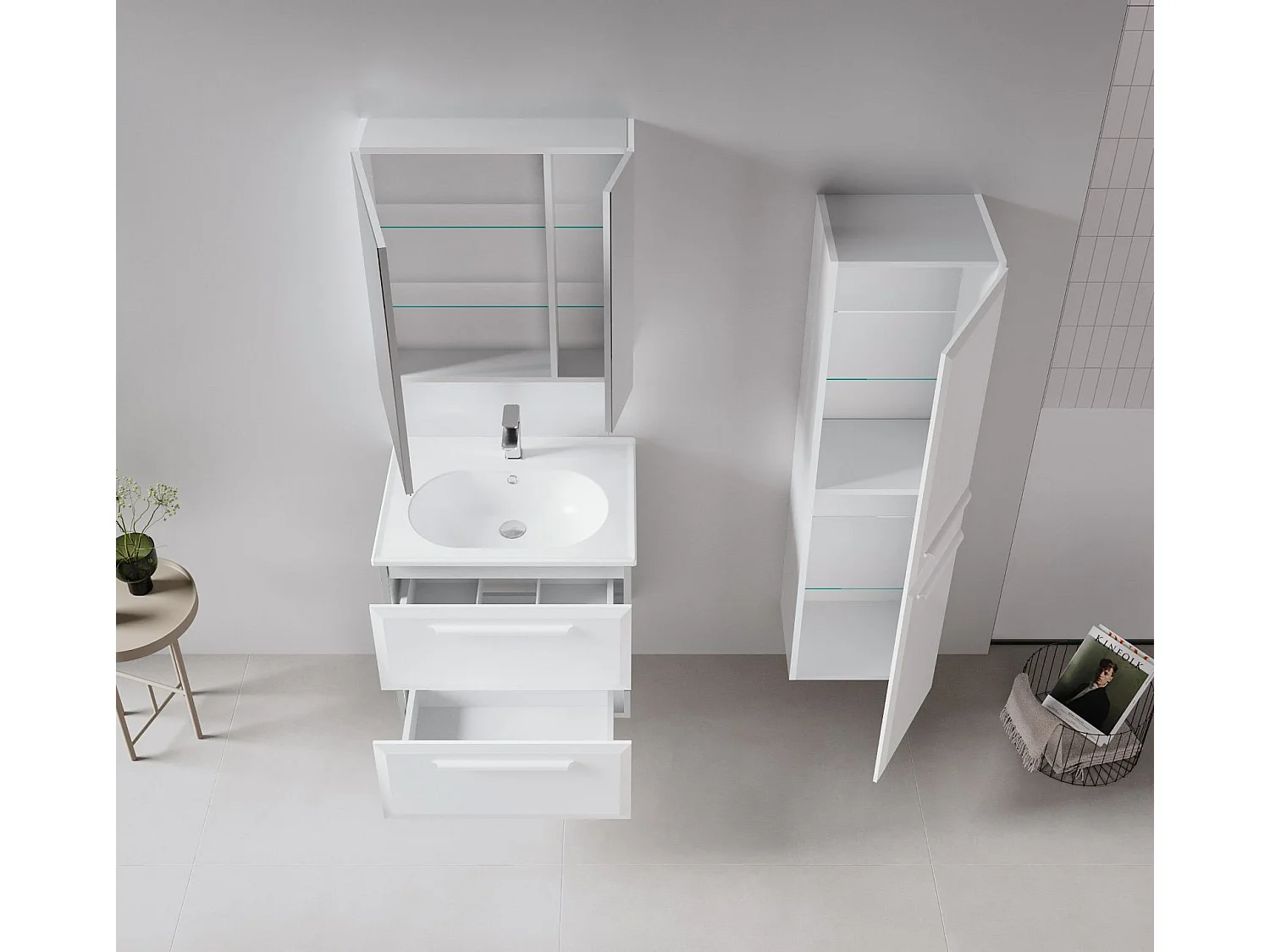 Wastafelmeubel met spiegel (2-delig) "Nuvola 65 v2" - 65 x 50 x 62 cm - Wit