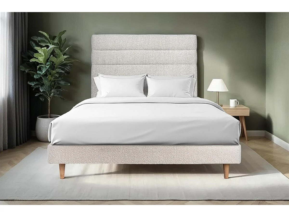Lit 140x190cm avec tête de lit lignes bouclette et sommier kit Beige - Hauteur totale : 29cm