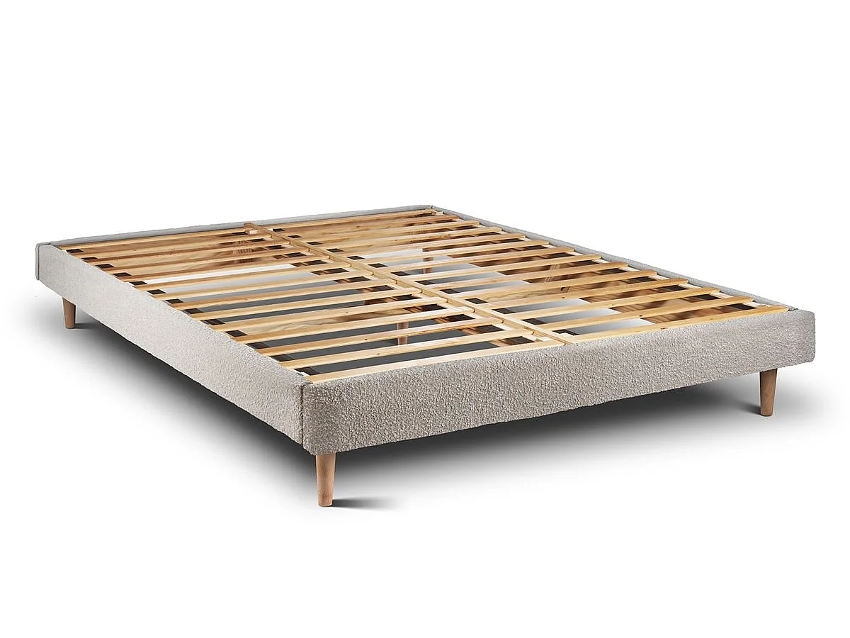 Lit 140x190cm avec tête de lit lignes bouclette et sommier kit Beige - Hauteur totale : 29cm
