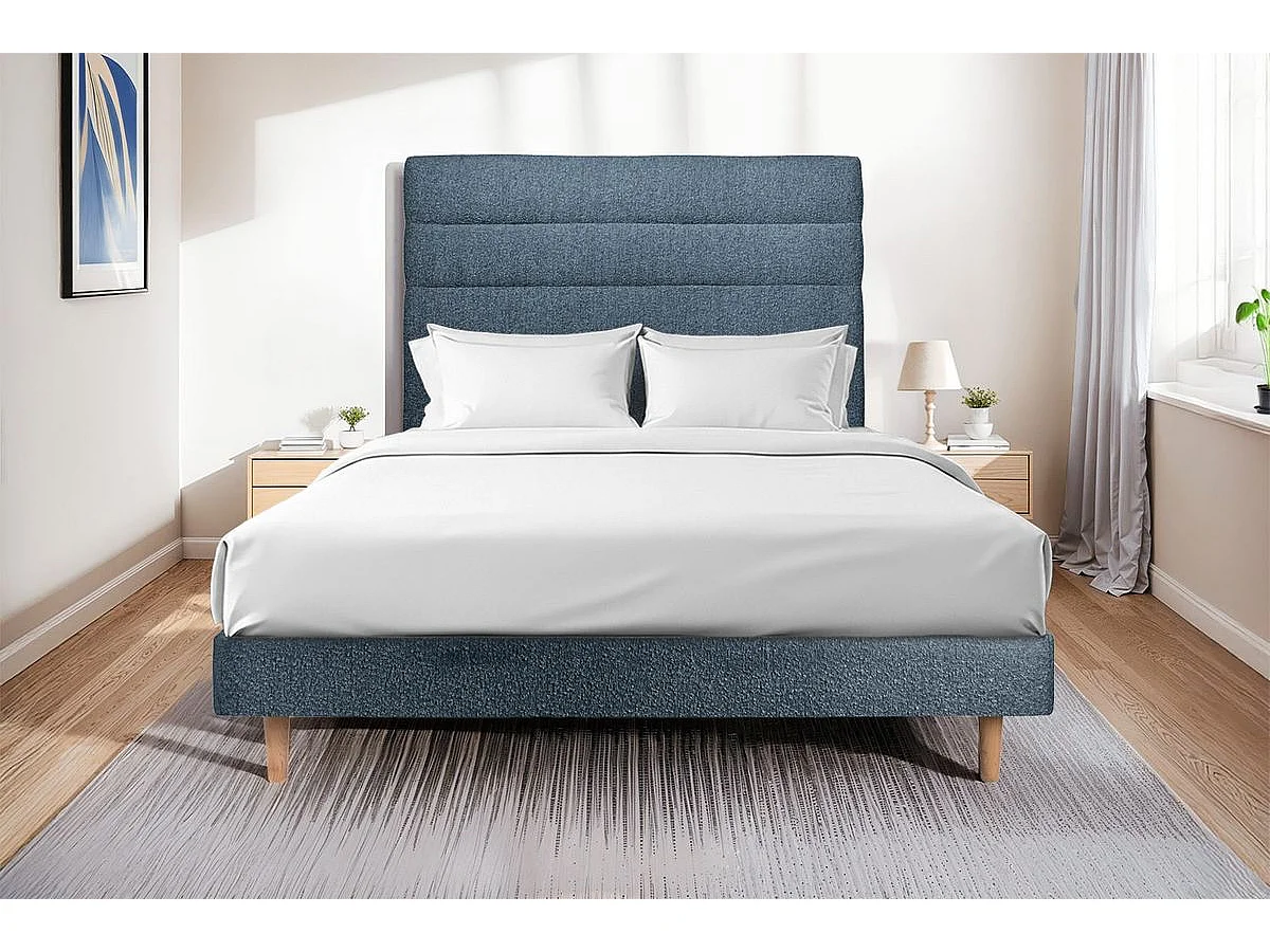Lit 140x190cm avec tête de lit lignes bouclette et sommier kit Bleu - Hauteur totale : 29cm