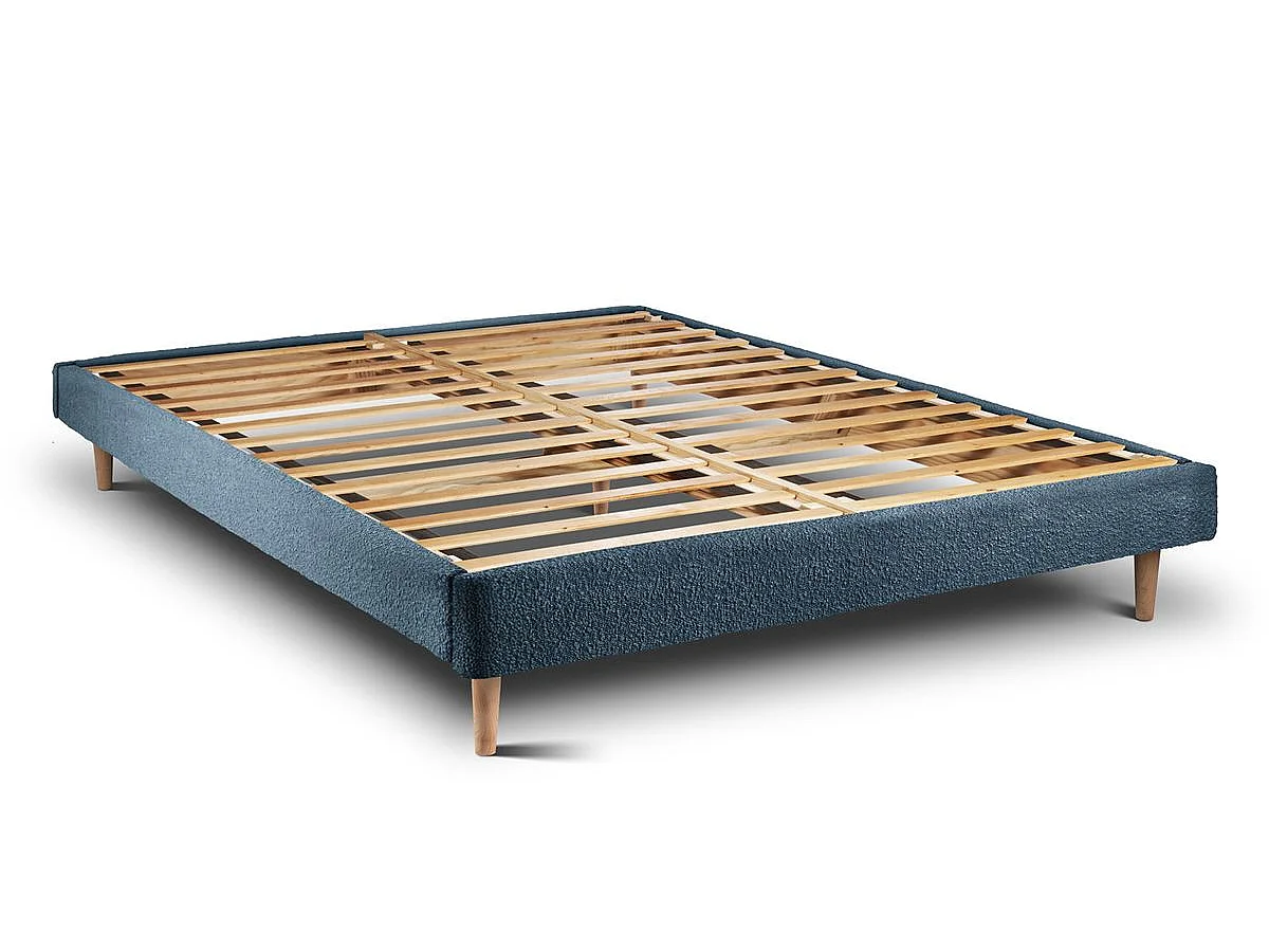 Lit 140x190cm avec tête de lit lignes bouclette et sommier kit Bleu - Hauteur totale : 29cm