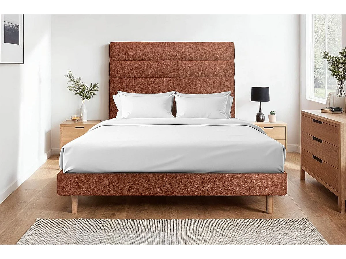 Lit 140x190cm avec tête de lit lignes bouclette et sommier kit Terracotta - Hauteur totale : 29cm