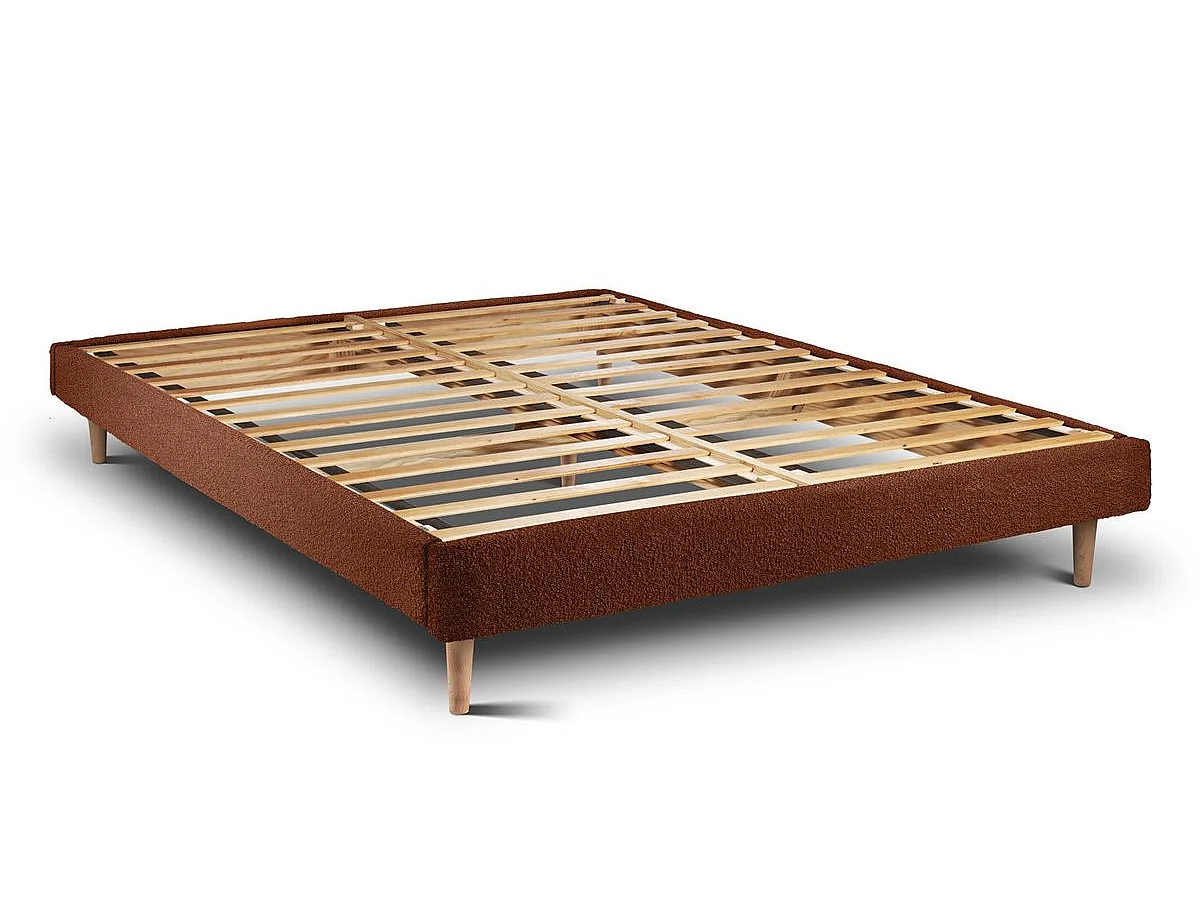 Lit 140x190cm avec tête de lit lignes bouclette et sommier kit Terracotta - Hauteur totale : 29cm