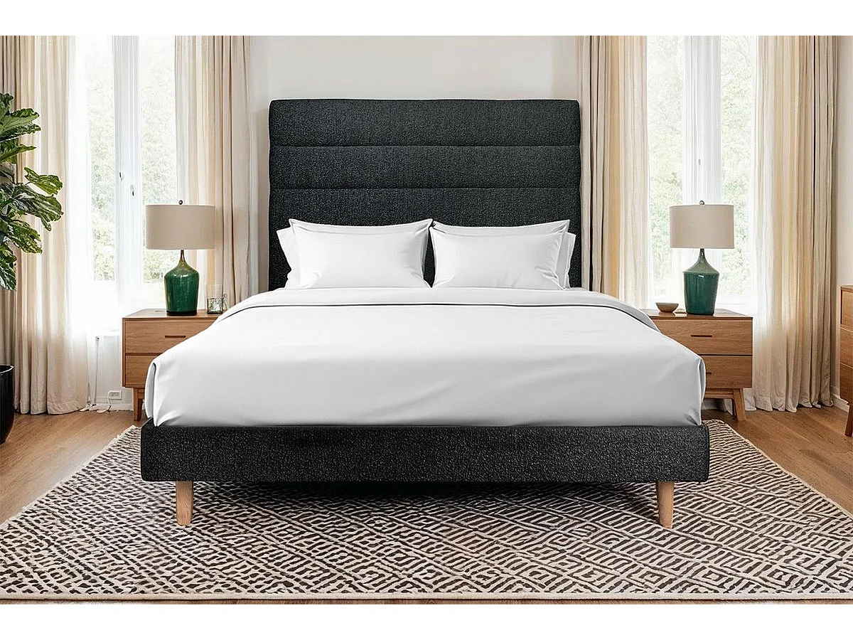 Lit 140x190cm avec tête de lit lignes bouclette et sommier kit Noir - Hauteur totale : 29cm