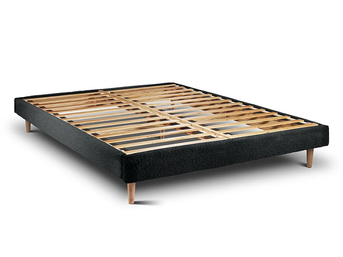 Lit 140x190cm avec tête de lit lignes bouclette et sommier kit Noir - Hauteur totale : 29cm