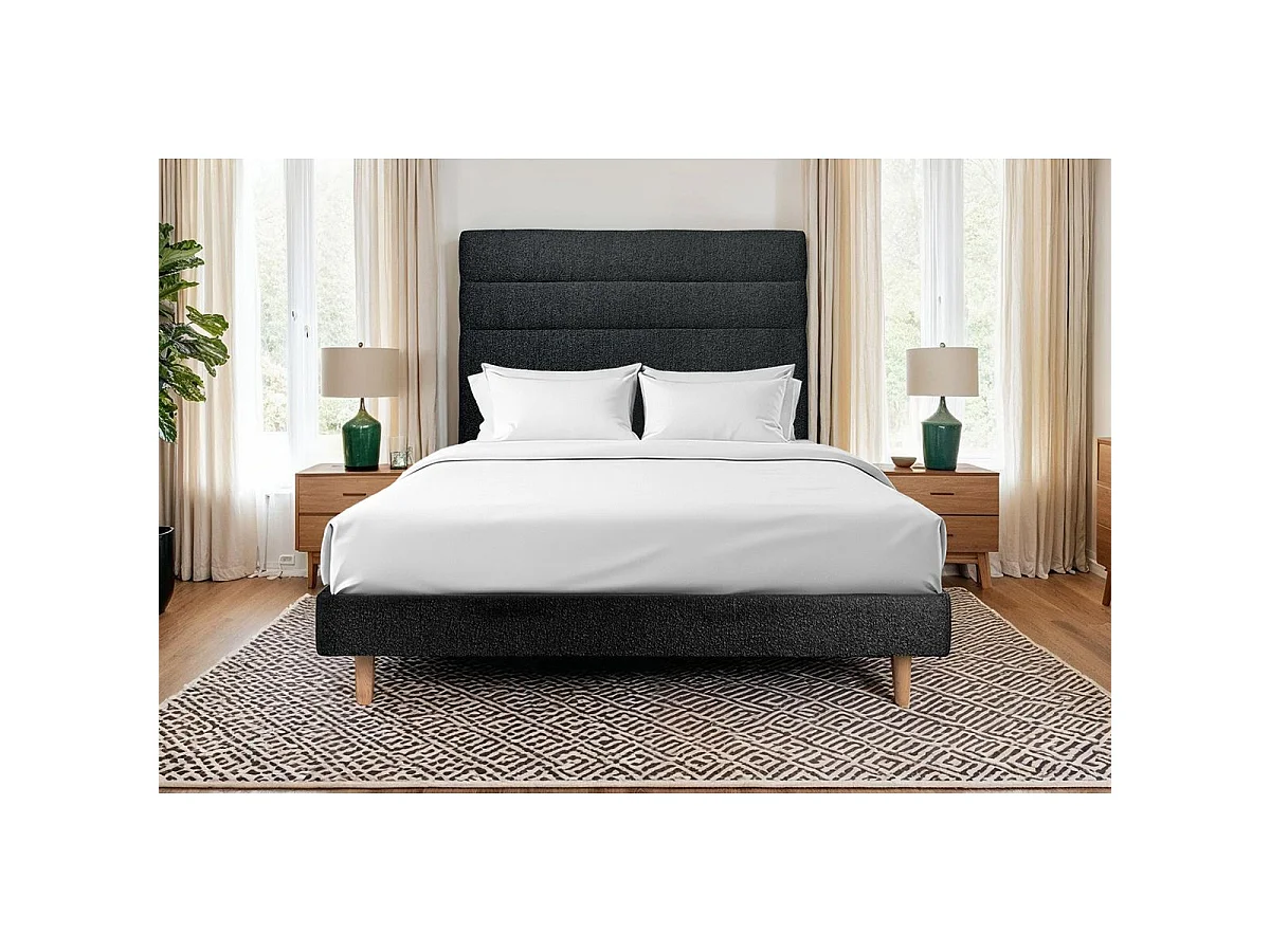 Lit 140x190cm avec tête de lit lignes bouclette et sommier kit Noir - Hauteur totale : 29cm