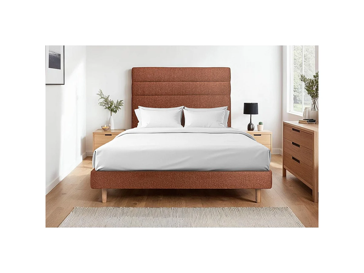 Lit 140x200cm avec tête de lit lignes bouclette et sommier kit Terracotta - Hauteur totale : 29cm