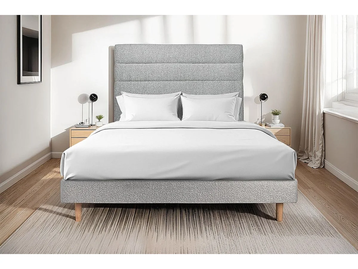 Lit 140x200cm avec tête de lit lignes bouclette et sommier kit Gris - Hauteur totale : 29cm