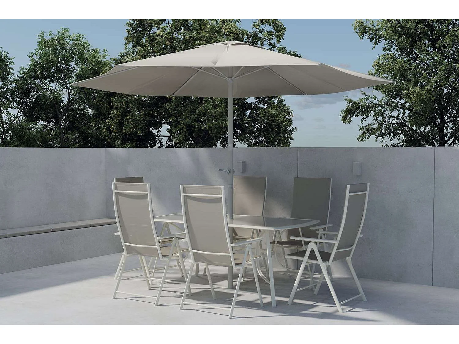 Brekki set de jardin parasol, table 90x150cm 6 chaises beige.