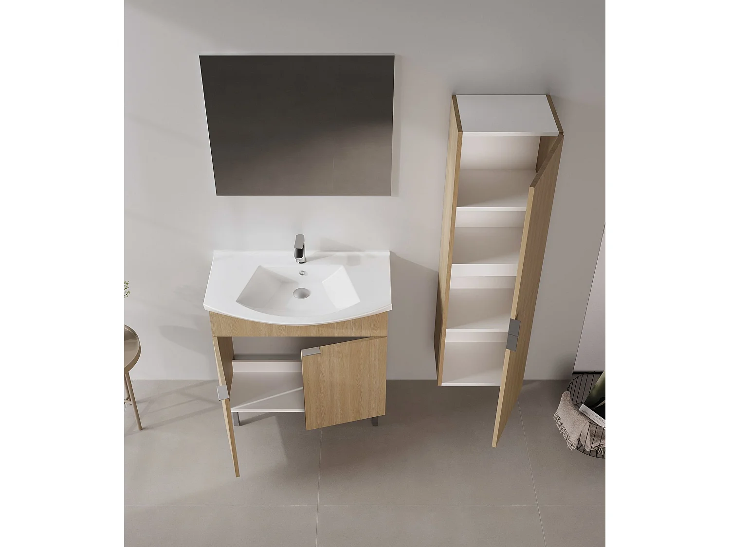 Wastafelmeubel met spiegel (2-delig) "Purus 80" - 80 x 50 x 83 cm - Eiken