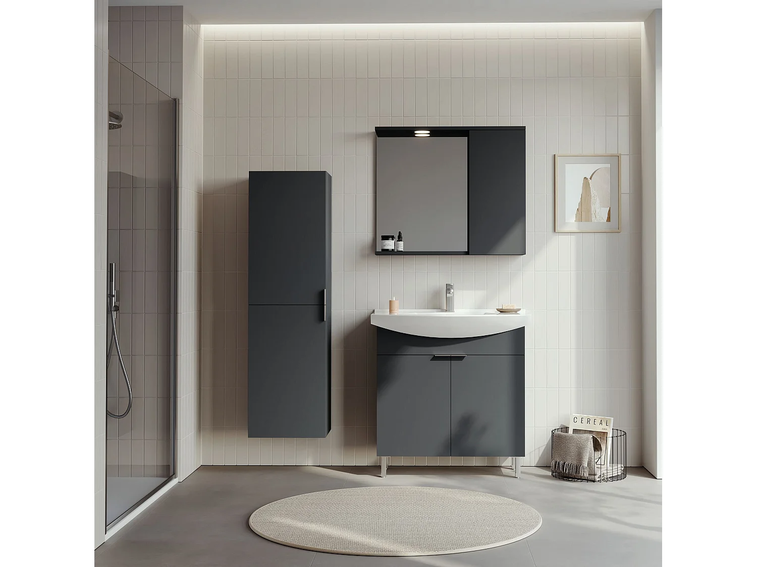 Ensemble Meuble Vasque avec Miroir (2 Pièces) "Purus 80" - 80 x 50 x 83 cm - Matte Anthracite