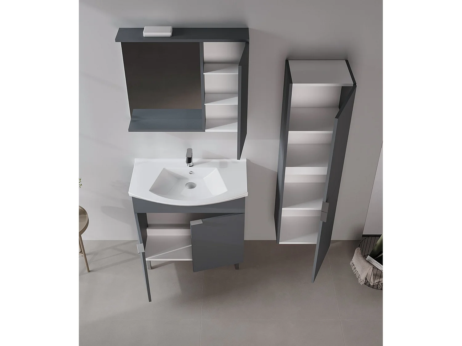 Ensemble Meuble Vasque avec Miroir (2 Pièces) "Purus 80" - 80 x 50 x 83 cm - Matte Anthracite