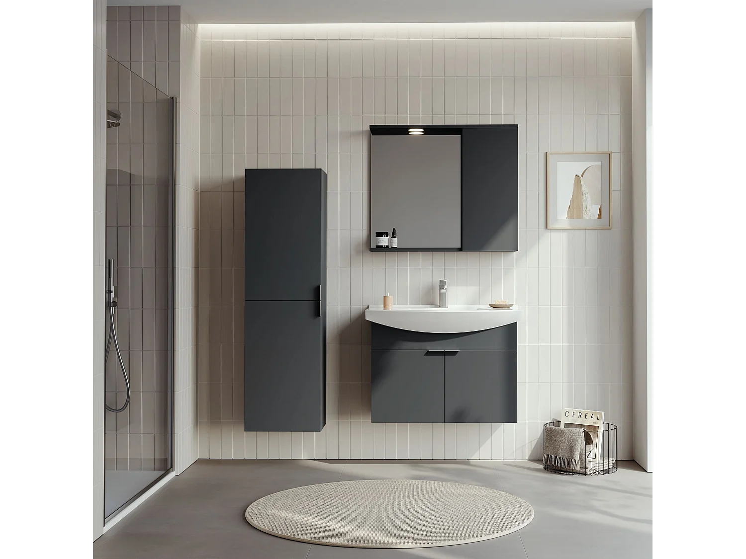 Ensemble Meuble Vasque avec Miroir (2 Pièces) "Purus 80" - 80 x 50 x 58 cm - Matte Anthracite