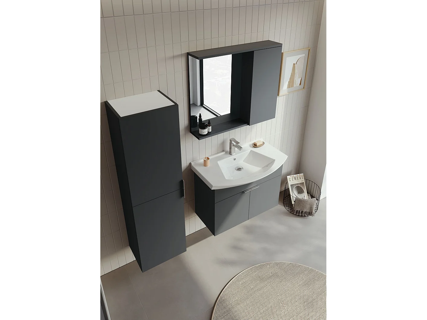 Ensemble Meuble Vasque avec Miroir (2 Pièces) "Purus 80" - 80 x 50 x 58 cm - Matte Anthracite