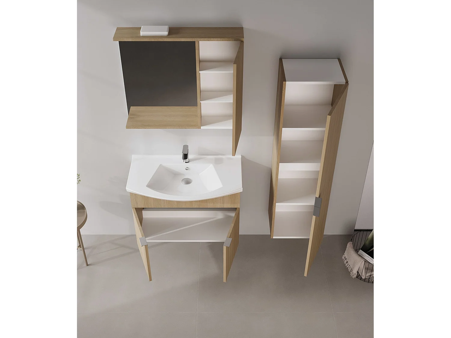 Ensemble Meuble Vasque avec Miroir (2 Pièces) "Purus 80" - 80 x 50 x 58 cm - Oak