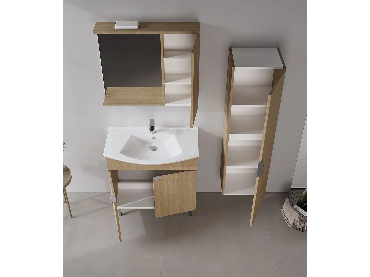 Ensemble Meuble Vasque avec Miroir (2 Pièces) "Purus 80" - 80 x 50 x 83 cm - Oak