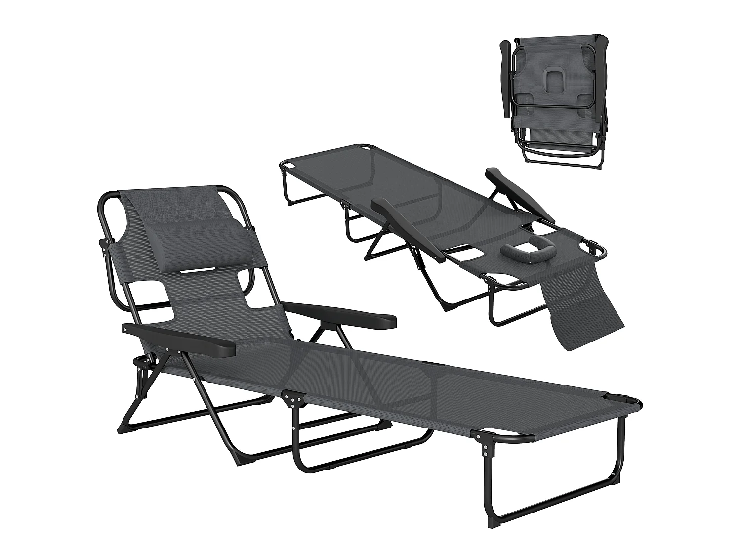Bain de soleil transat pliable inclinable - coussins, espace tête - acier noir polyester antracite