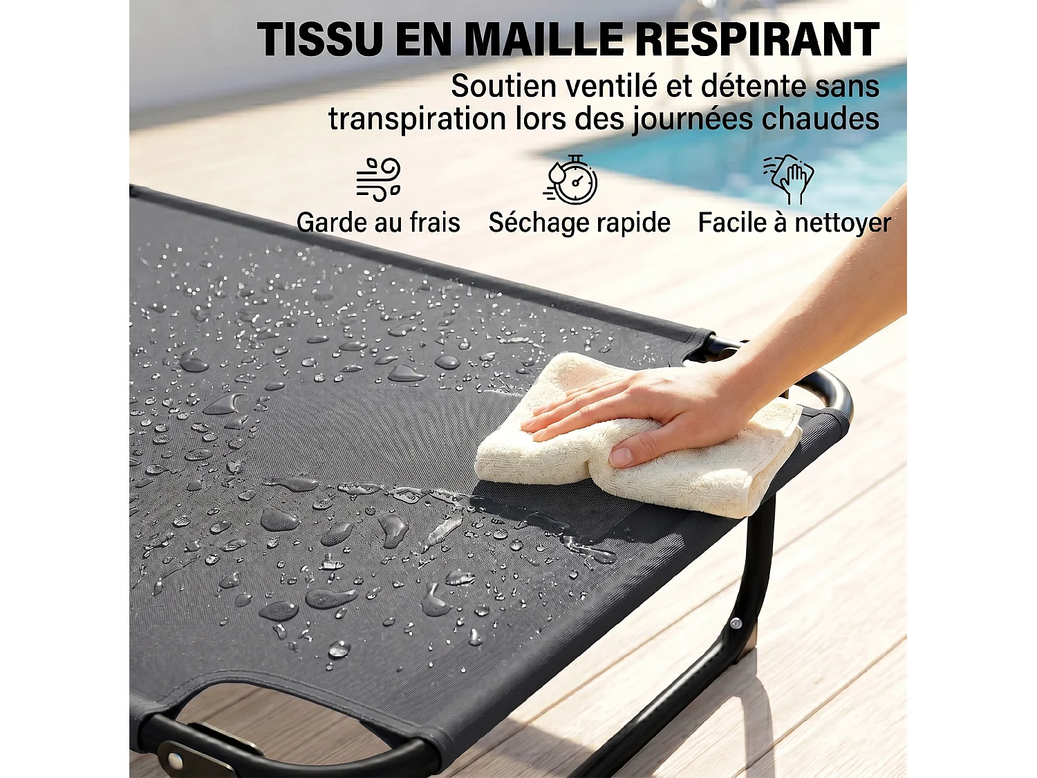 Bain de soleil transat pliable inclinable - coussins, espace tête - acier noir polyester antracite