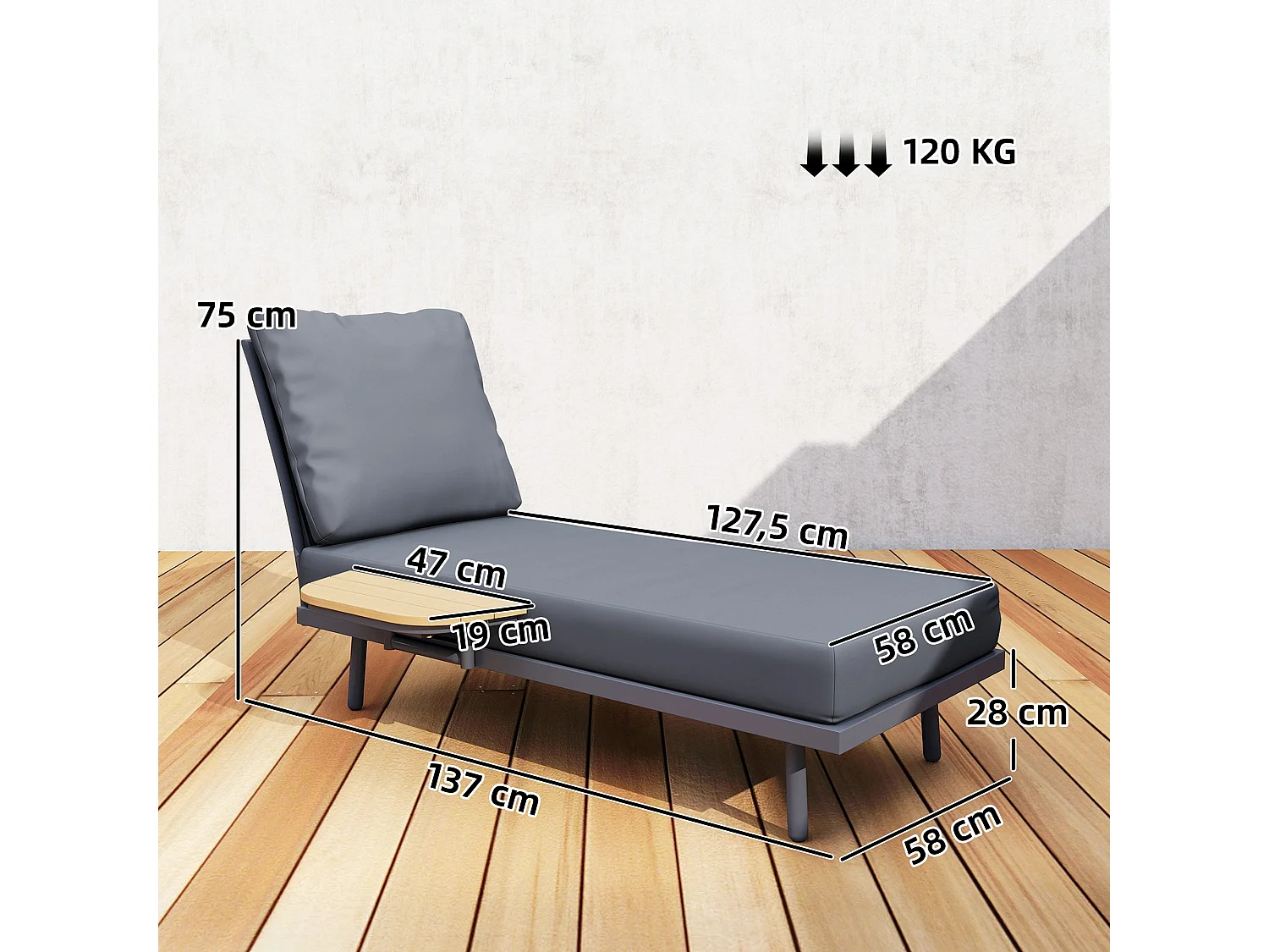 Bain de soleil design grand confort épais matelas étagère effet bois