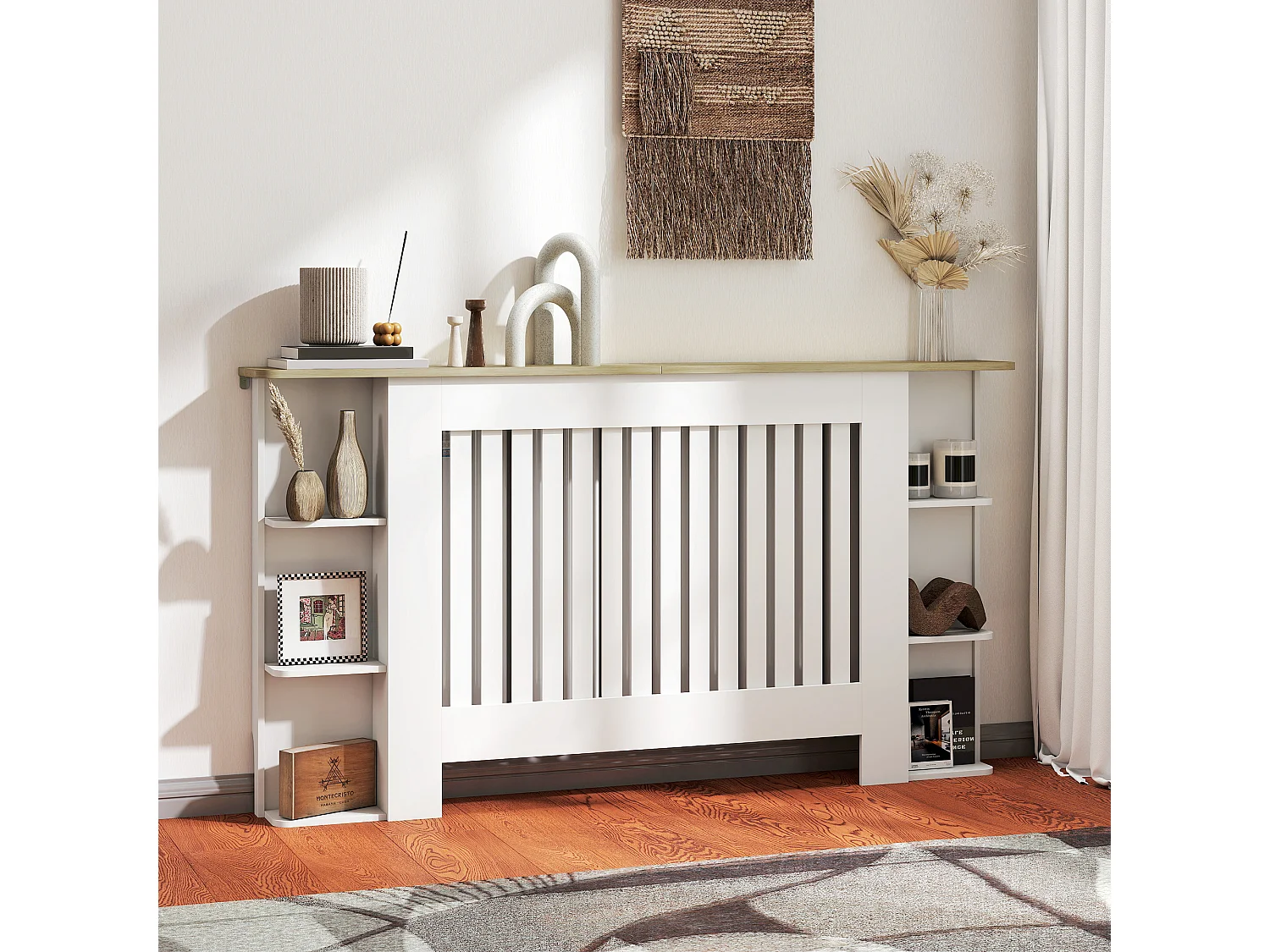 Cache-radiateur design multi-rangement 152 x 19 x 83 cm effet bois clair blanc