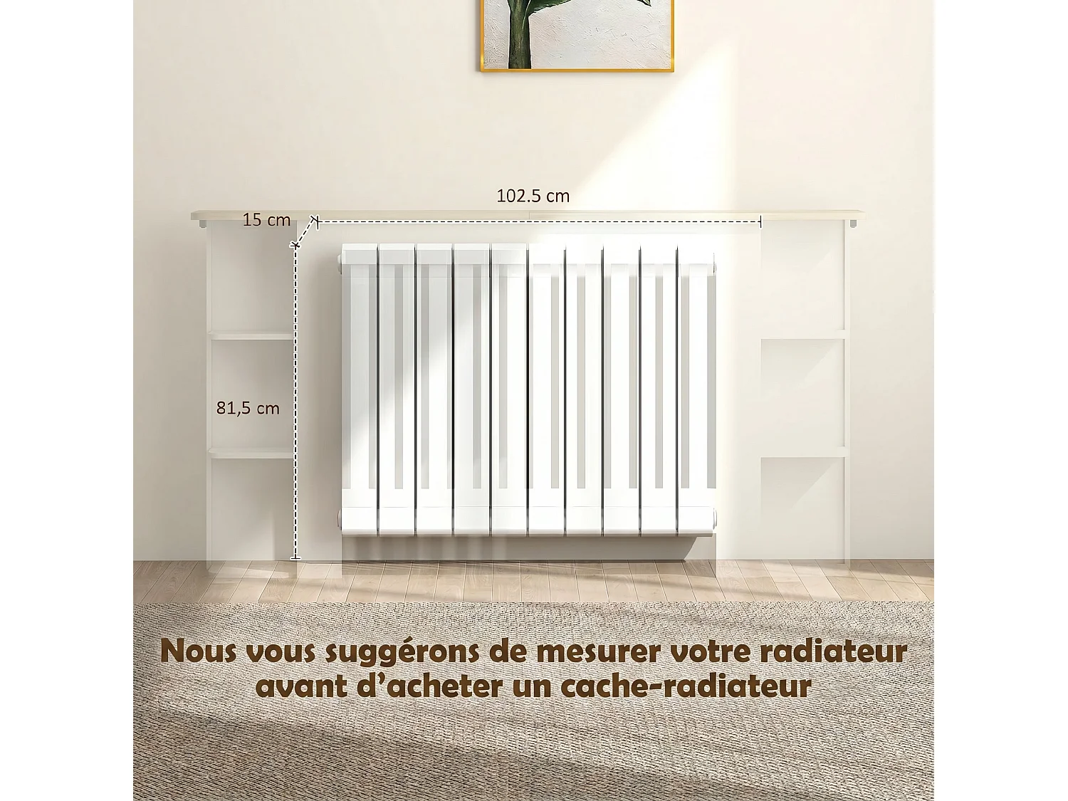 Cache-radiateur design multi-rangement 152 x 19 x 83 cm effet bois clair blanc