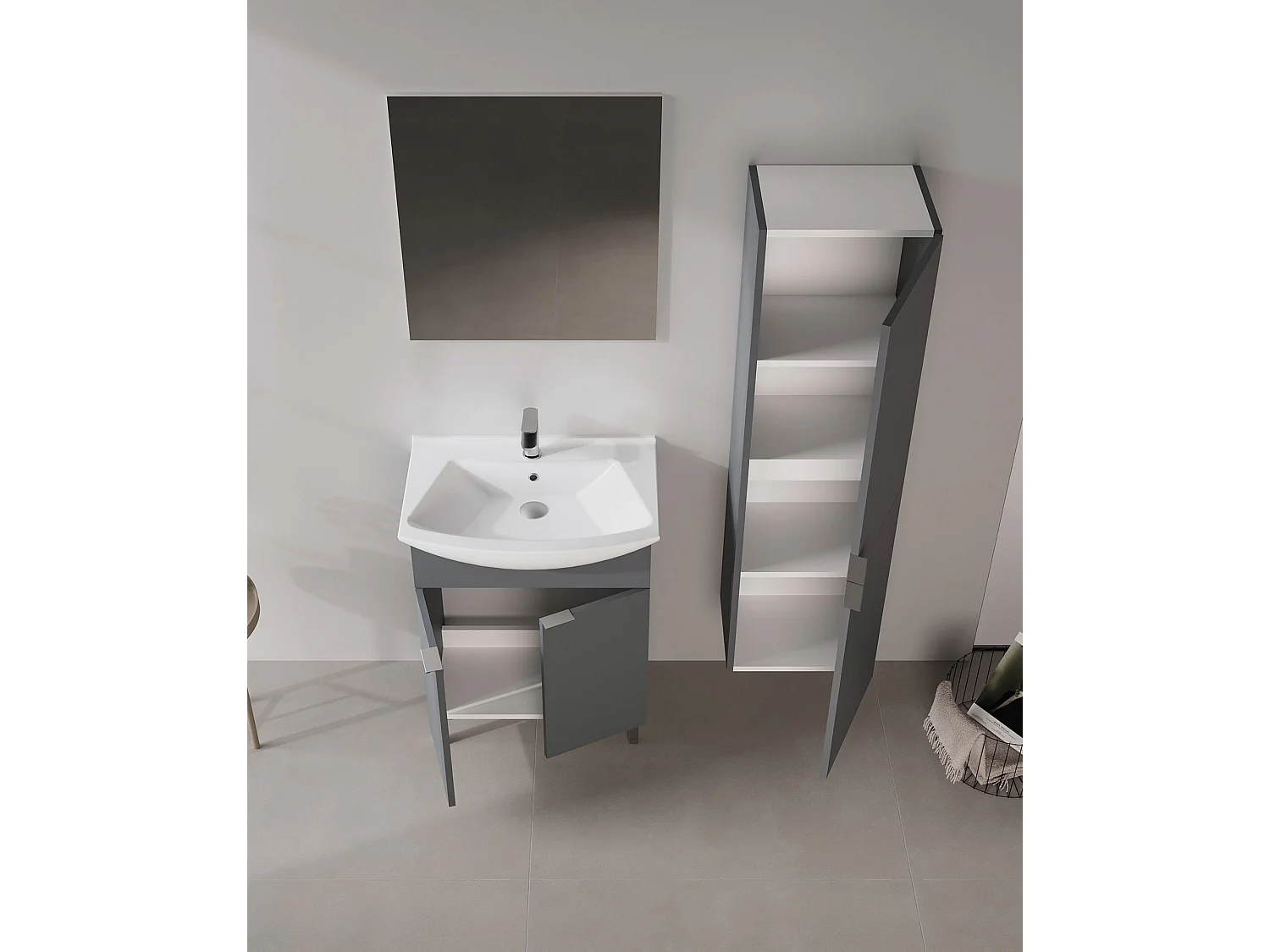 Wastafelmeubel met spiegel (2-delig) "Purus 65" - 65 x 50 x 83 cm - Mat antraciet