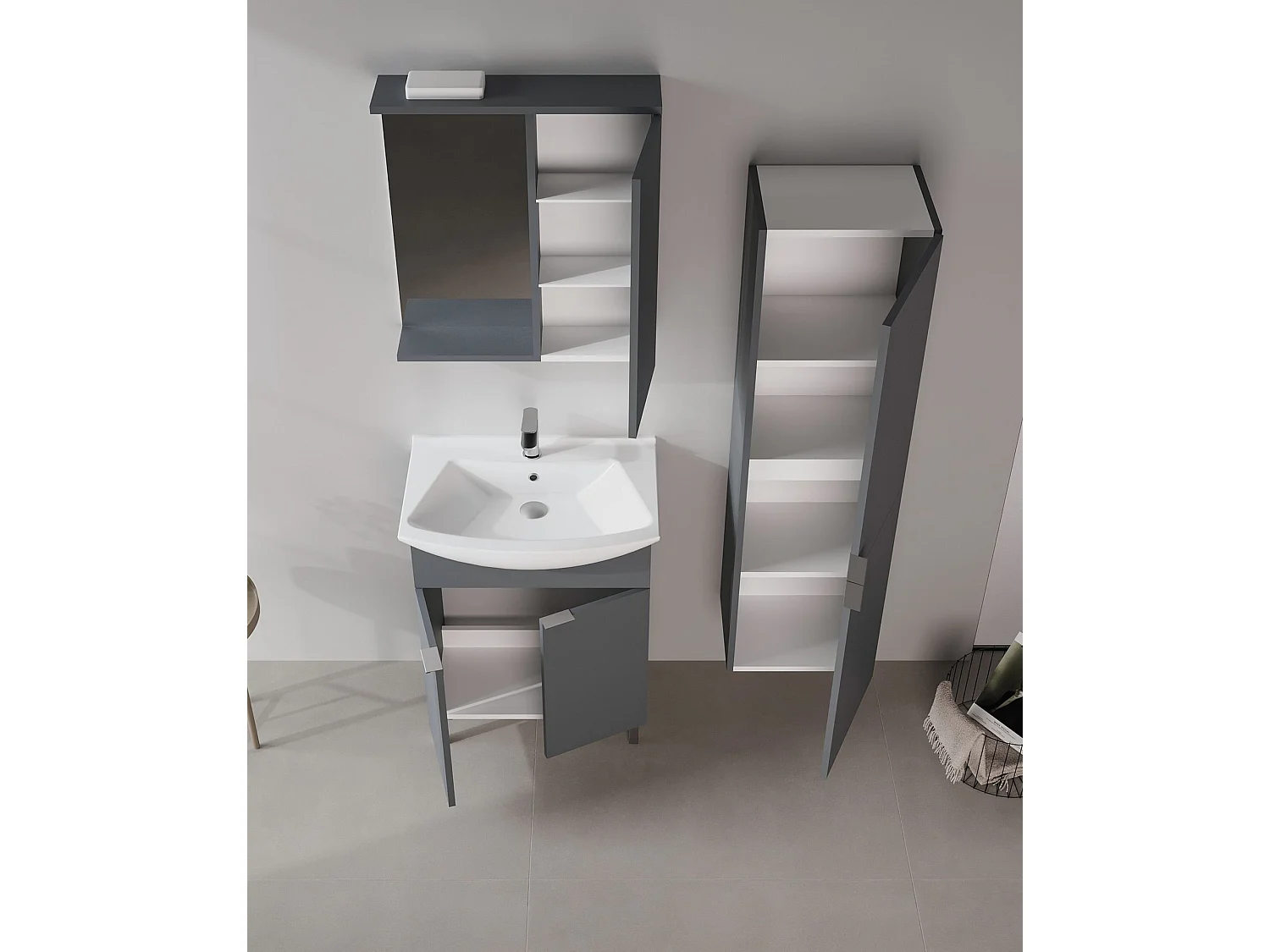 Ensemble Meuble Vasque avec Miroir (2 Pièces) "Purus 65" - 65 x 50 x 83 cm - Matte Anthracite
