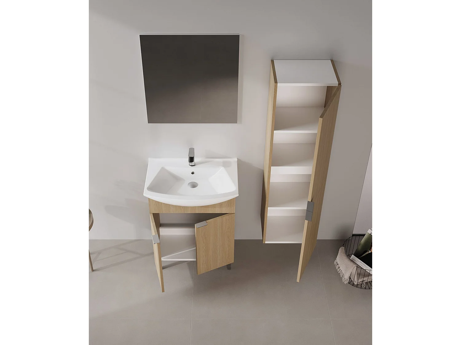 Wastafelmeubel met spiegel (2-delig) "Purus 65" - 65 x 50 x 83 cm - Eiken