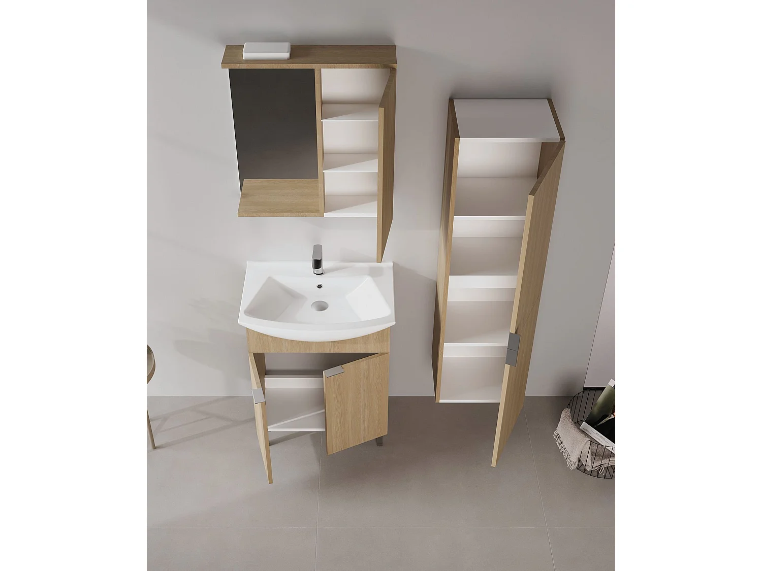 Ensemble Meuble Vasque avec Miroir (2 Pièces) "Purus 65" - 65 x 50 x 83 cm - Oak