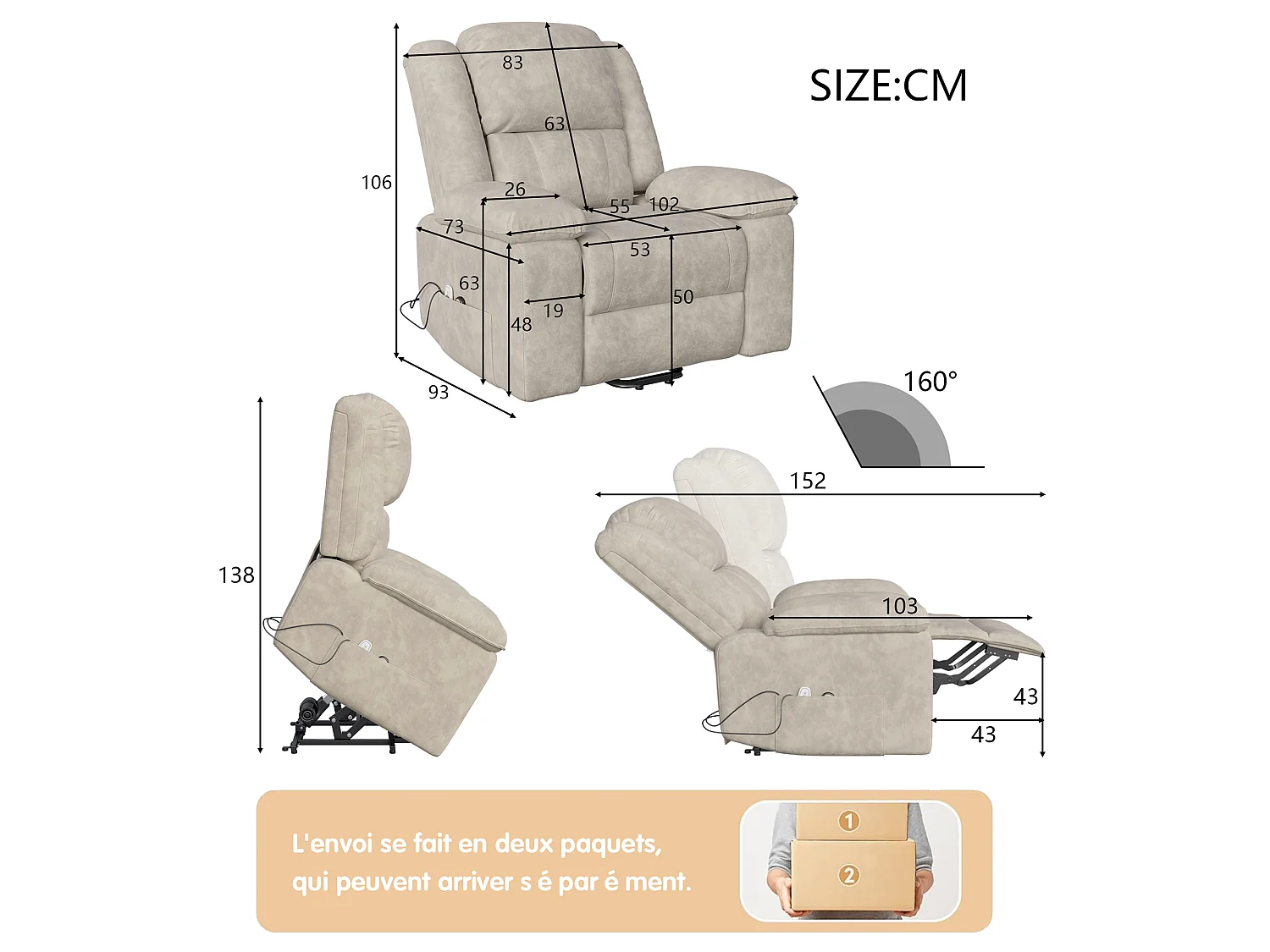 Fauteuil Massant Électrique à Chaleur, Siège Massant avec 8 Points de Massage -  pour Salon, Beige