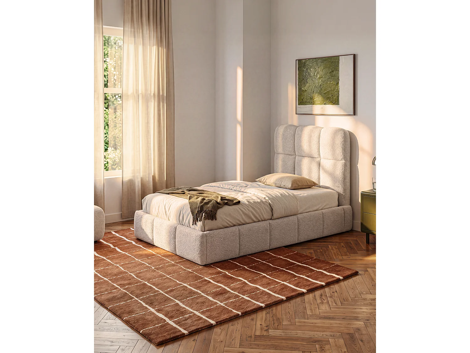 Bed met opbergruimte 90 x 190 cm - Boucléstof - Beige + Matras - DILUDO
