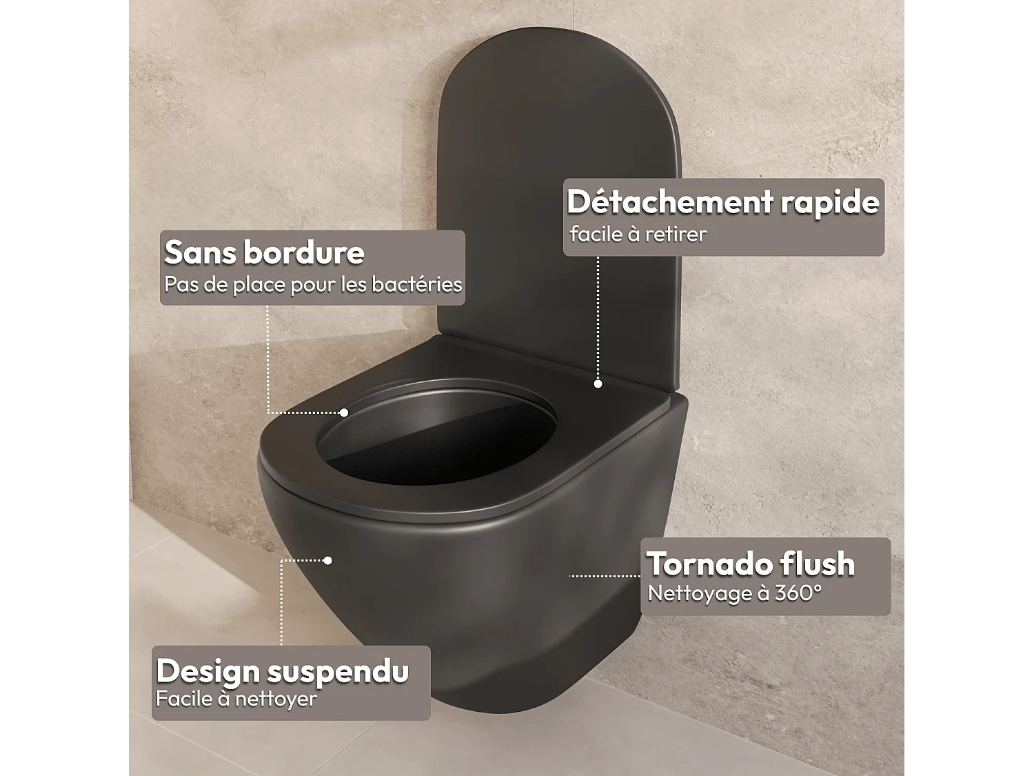 LOMAZOO WC suspendu sans bride noir rond - Rimless - chasse Tornado - abattant WC soft-close - LINEA