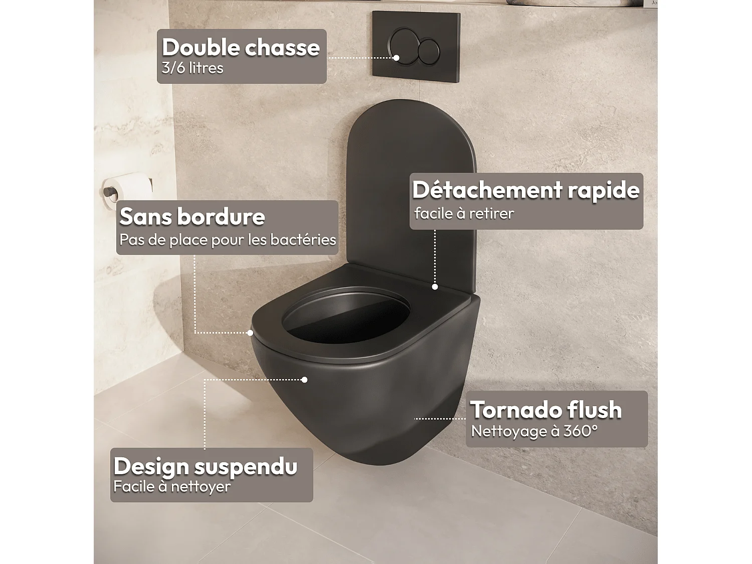 LOMAZOO Pack WC suspendu - réservoir encastré rond noir - plaque de commande carré chromée - LINEA