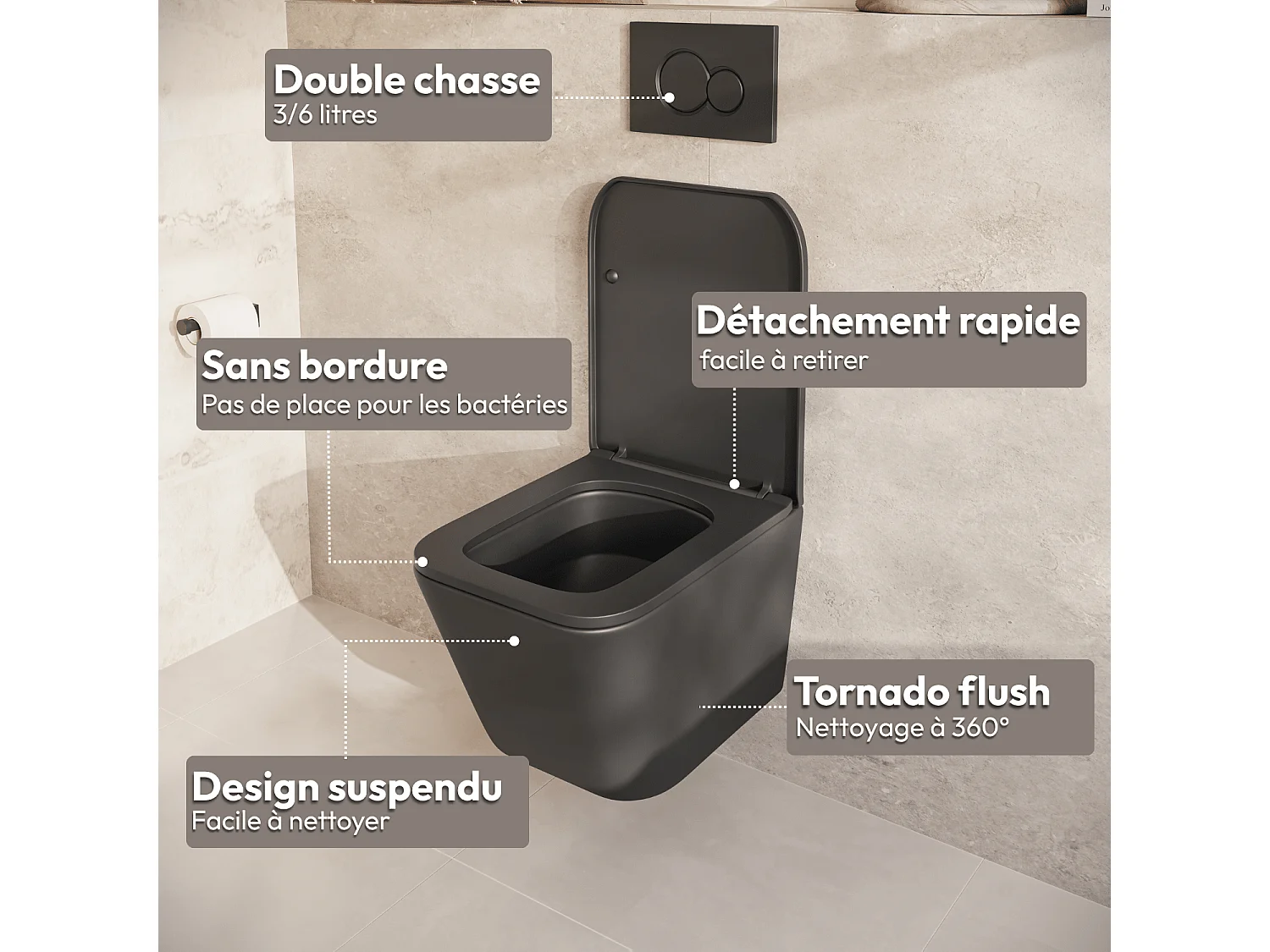 LOMAZOO Pack WC suspendu - réservoir encastré carré noir - plaque de commande carré or - LINEA