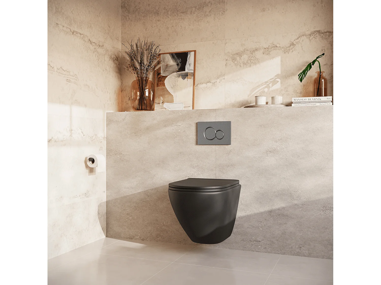 LOMAZOO Pack WC suspendu - réservoir encastré rond noir - plaque de commande ronde gunmetal - LINEA