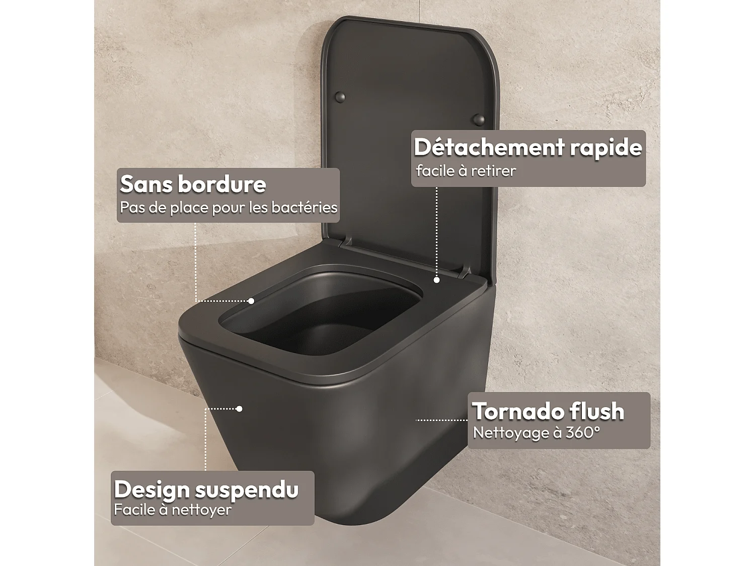 LOMAZOO WC suspendu sans bride noir carré - Rimless - chasse Tornado - abattant WC soft-close - LINEA