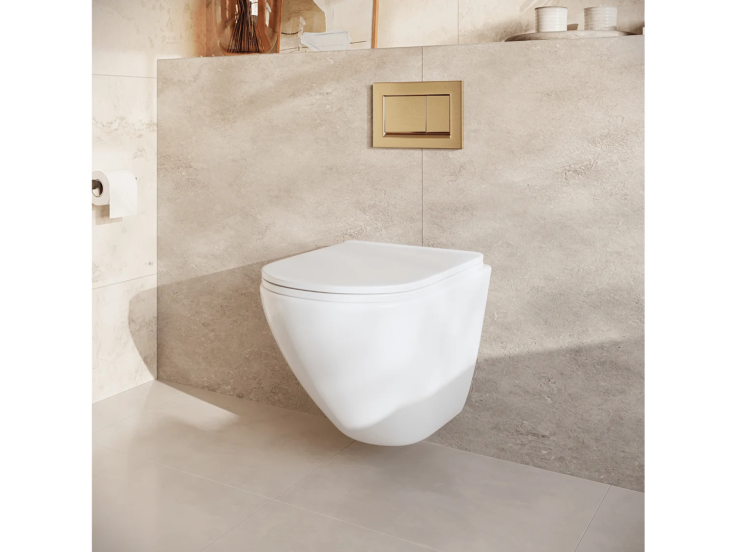 LOMAZOO Pack WC suspendu - réservoir encastré rond blanc - plaque de commande carré or  - LINEA