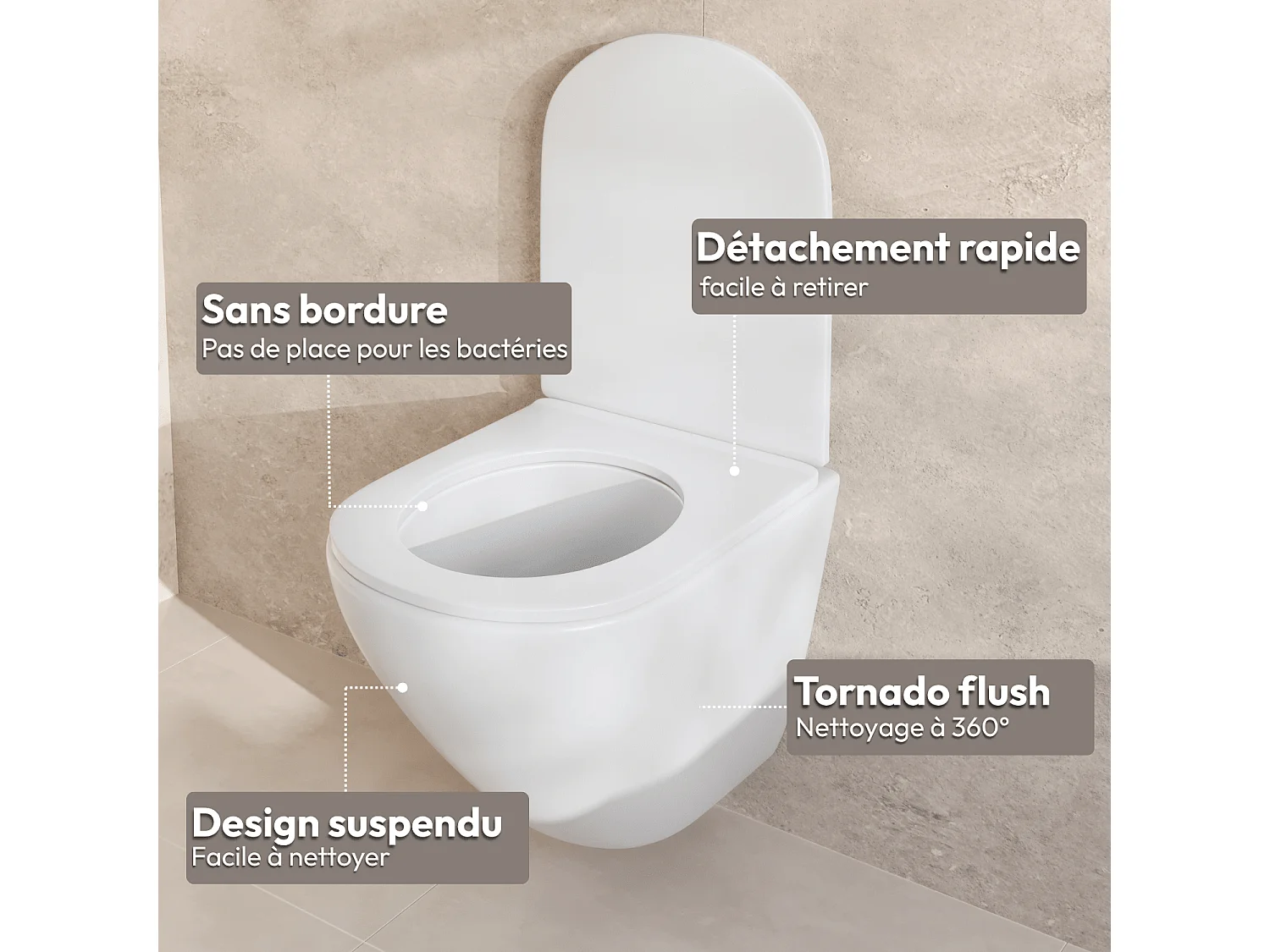 LOMAZOO WC suspendu sans bride blanc rond - Rimless - chasse Tornado - abattant WC soft-close - LINEA