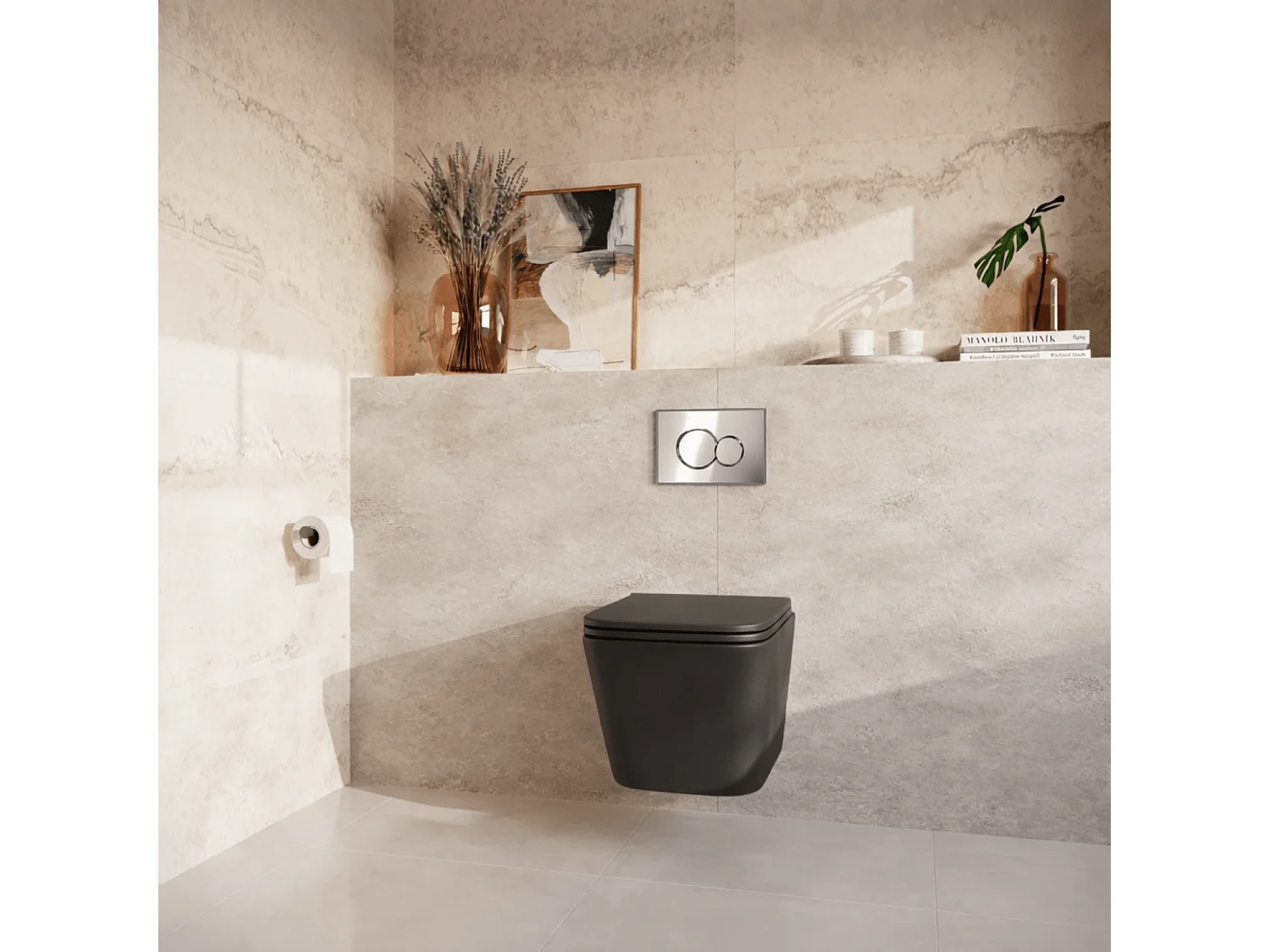 LOMAZOO Pack WC suspendu - réservoir encastré carré noir - plaque de commande ronde chromée - LINEA