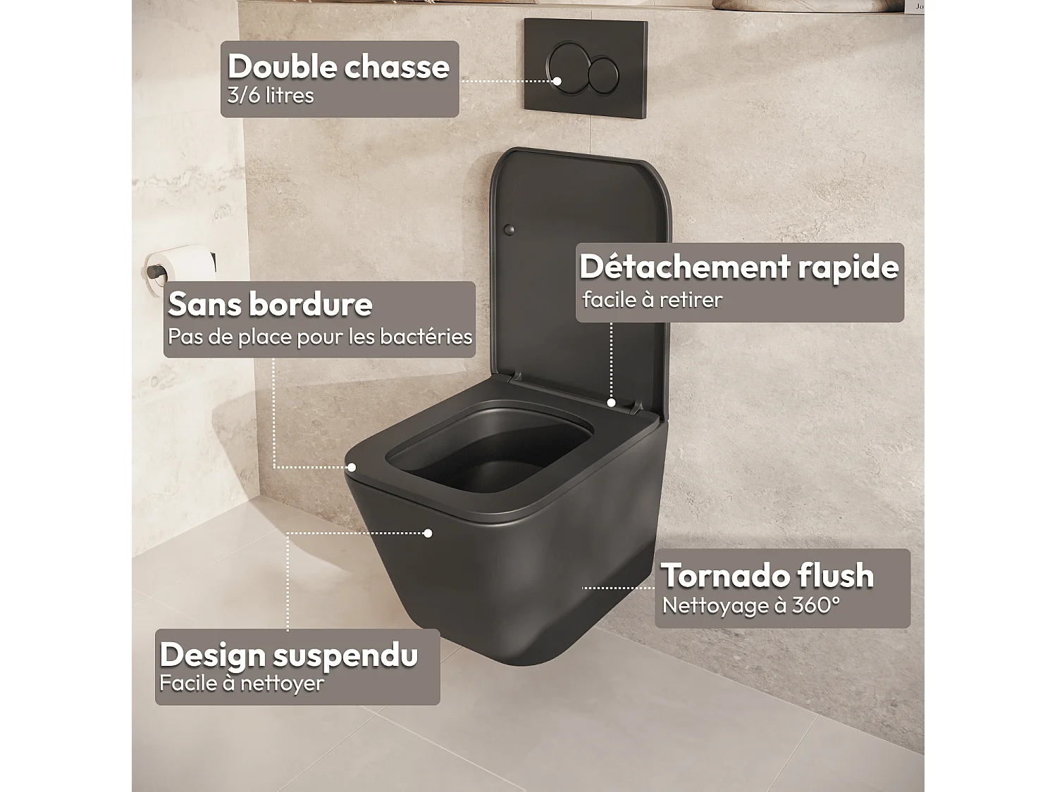 LOMAZOO Pack WC suspendu - réservoir encastré carré noir - plaque de commande ronde chromée - LINEA