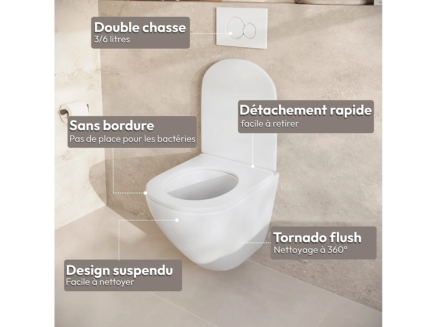 LOMAZOO Pack WC suspendu - réservoir encastré rond blanc - plaque de commande ronde chromée - LINEA