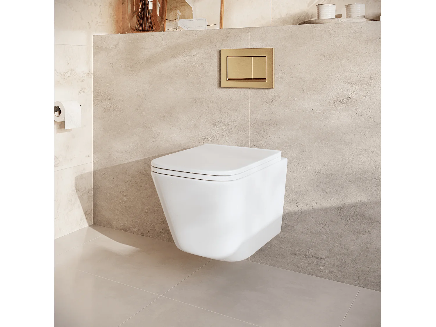 LOMAZOO Pack WC suspendu - réservoir encastré carré blanc - plaque de commande carré or - LINEA