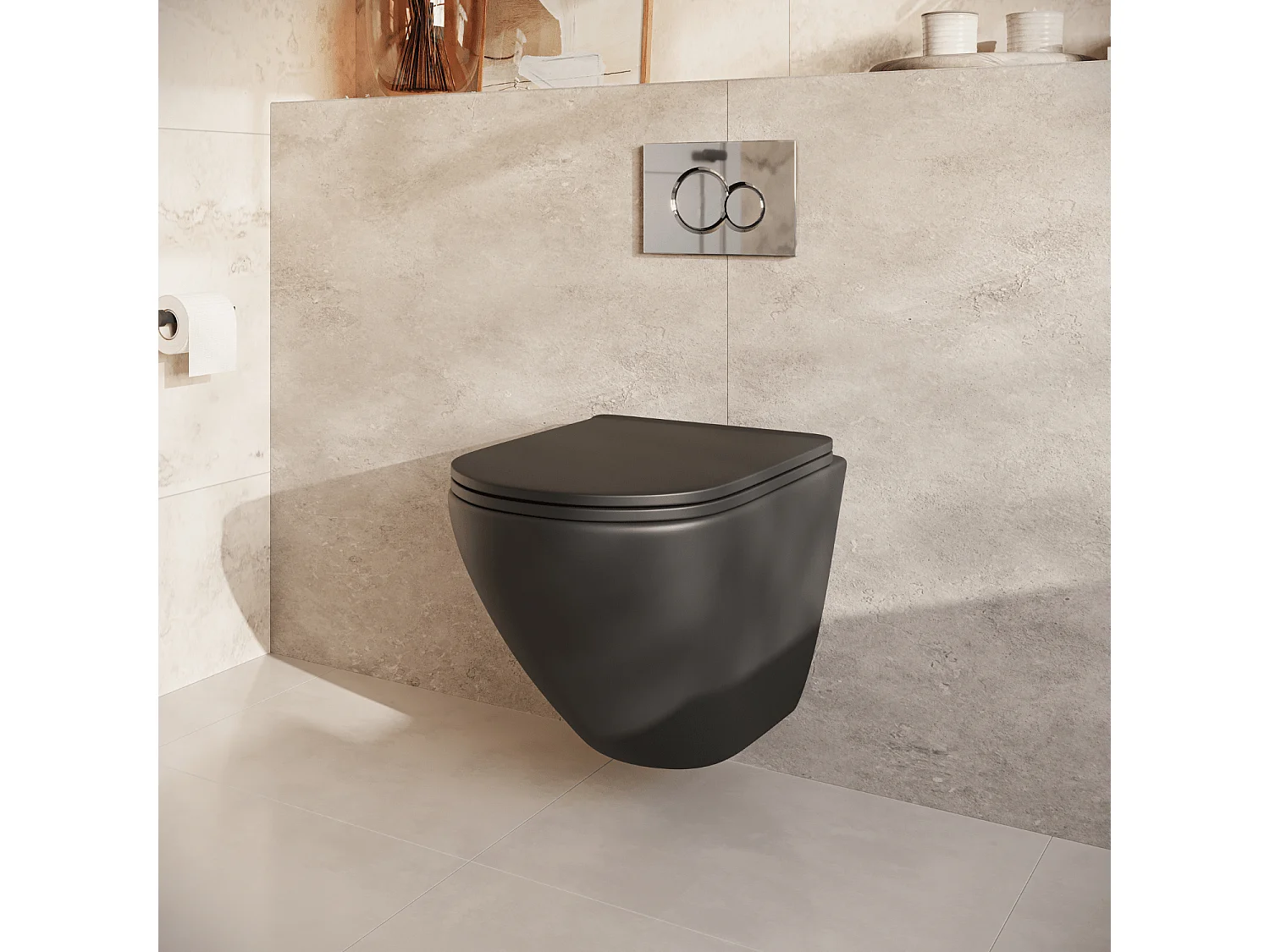 LOMAZOO Pack WC suspendu - réservoir encastré rond noir - plaque de commande ronde chromée - LINEA