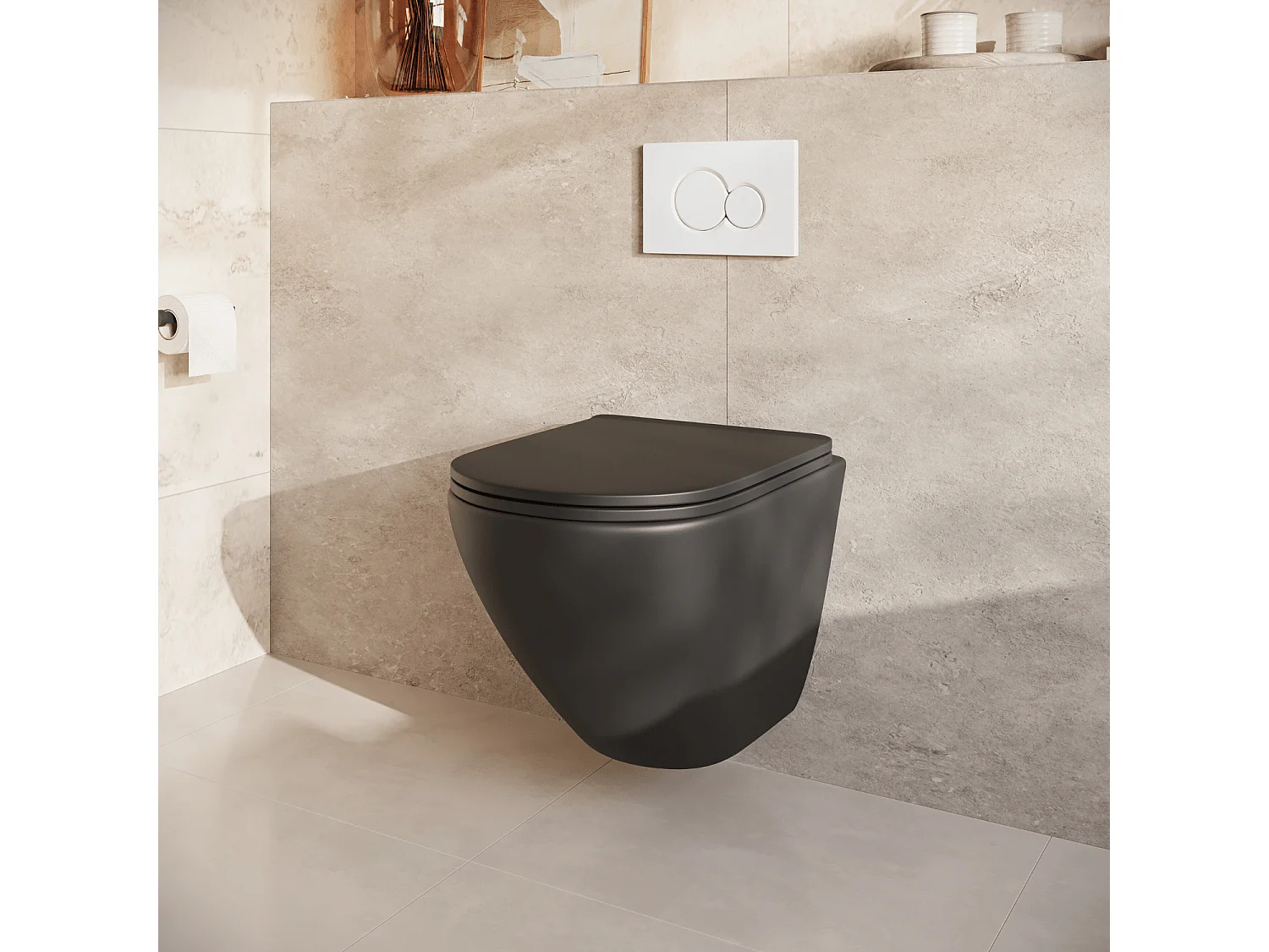 LOMAZOO Pack WC suspendu - réservoir encastré rond noir - plaque de commande ronde blanc - LINEA