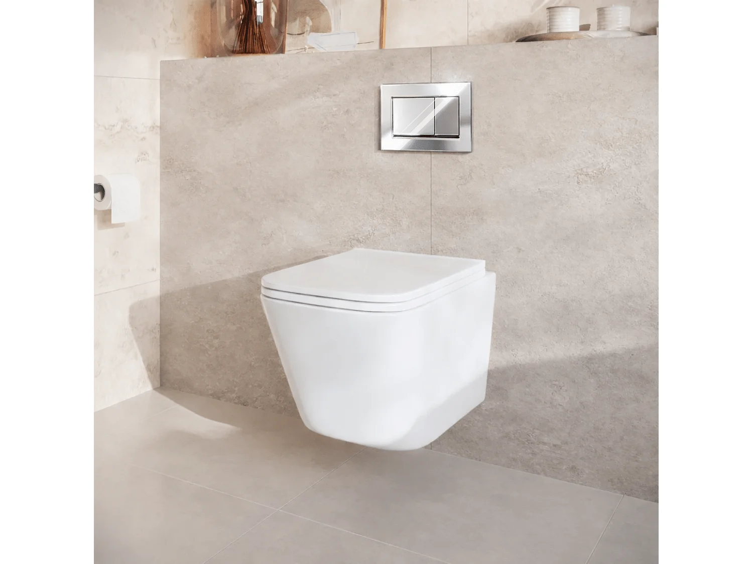 LOMAZOO Pack WC suspendu - réservoir encastré carré blanc - plaque de commande carré chromée - LINEA
